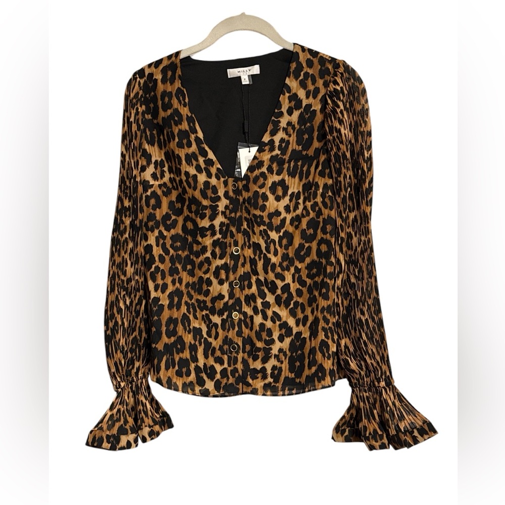 Women’s NWT Milly Greer Pleated sleeve, leopard print, V Neck.MRSP $325 SizeP